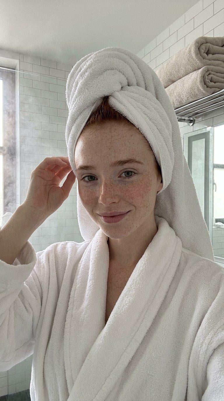 Bright Bathroom Selfie Plush White Bathrobe Towel Turban