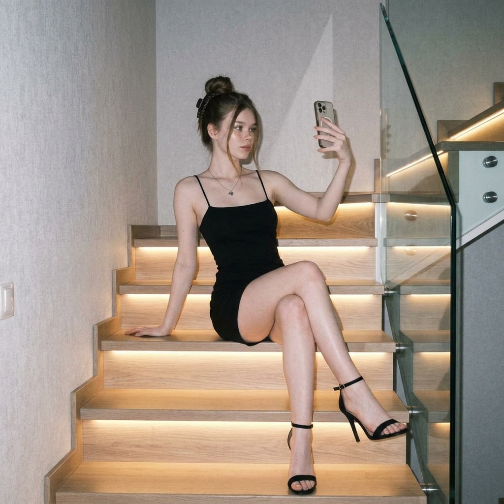 A woman in a black mini dress taking a selfie on modern stairs with warm LED lights and glass railing.
