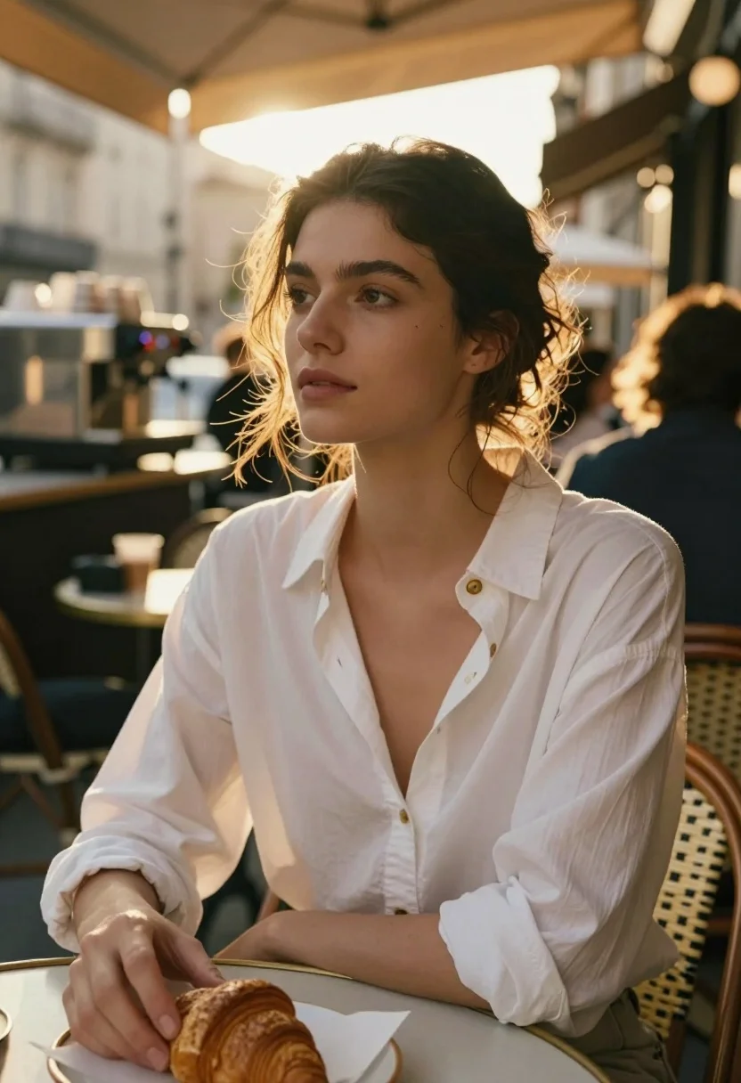 Woman Sits Outdoor Cafe Table The Warm Glow Late Afternoon