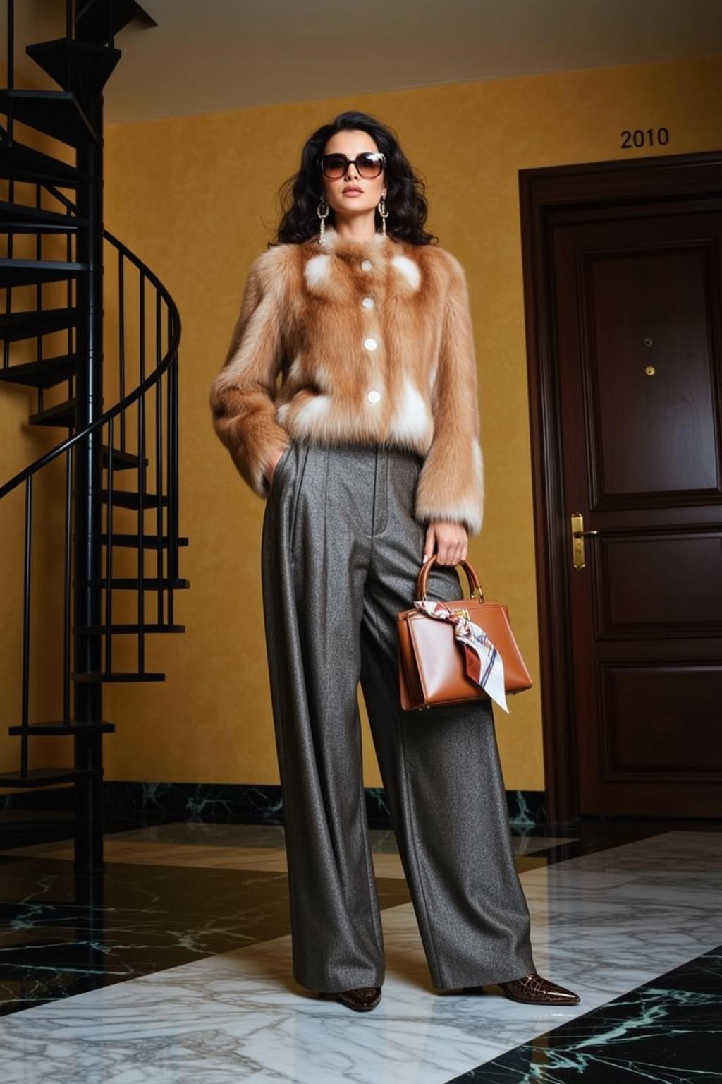 Brown Fur Jacket Grey Trousers Marble Hallway Spiral Staircase