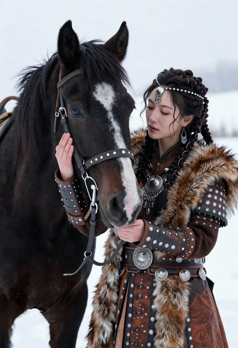 Woman Traditional Warrior Attire Gently Cradles The Head Black Horse
