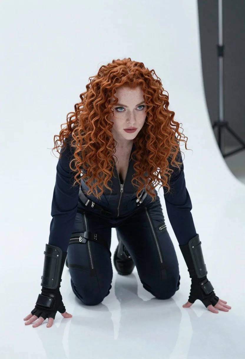Woman With Voluminous Curly Red Hair Crouches Reflective White Floor reference photo