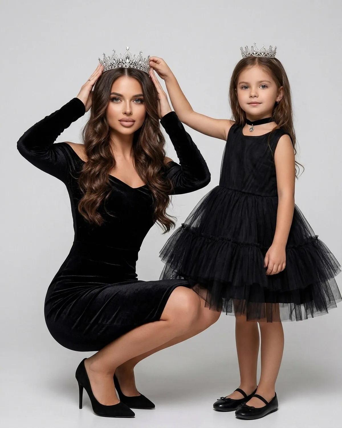 Child Black Dresses Silver Crowns Studio