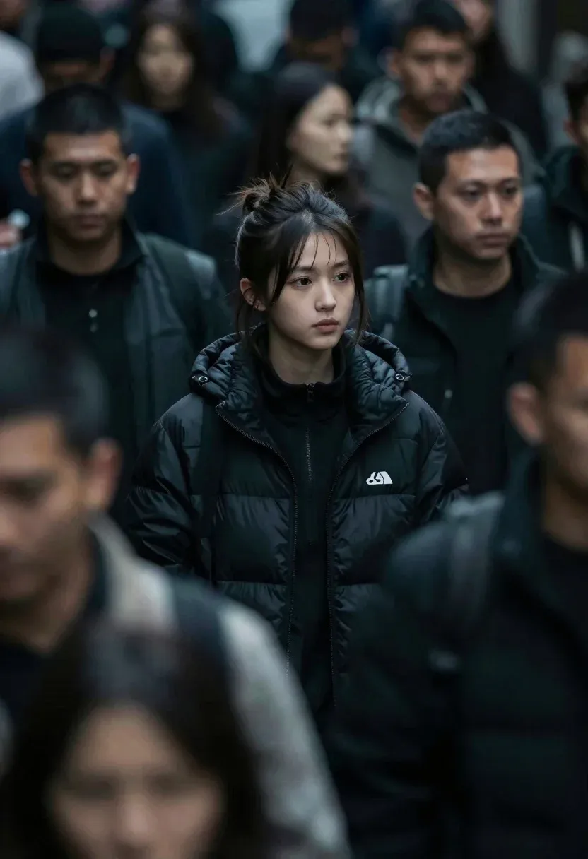 Solitary Young Woman Stands Sharp Focus Amidst Blurred Crowd People