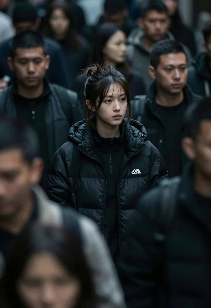 Solitary Young Woman Stands Sharp Focus Amidst Blurred Crowd People