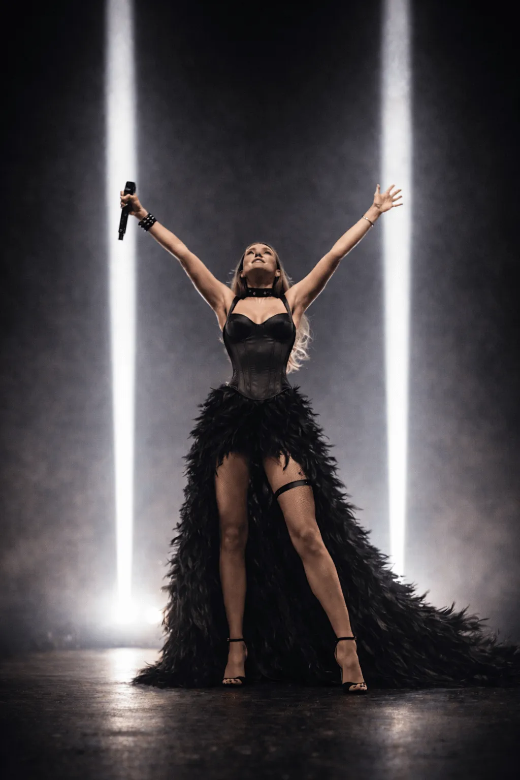 Stage Performer Dramatic Lighting Feathered Skirt Concert