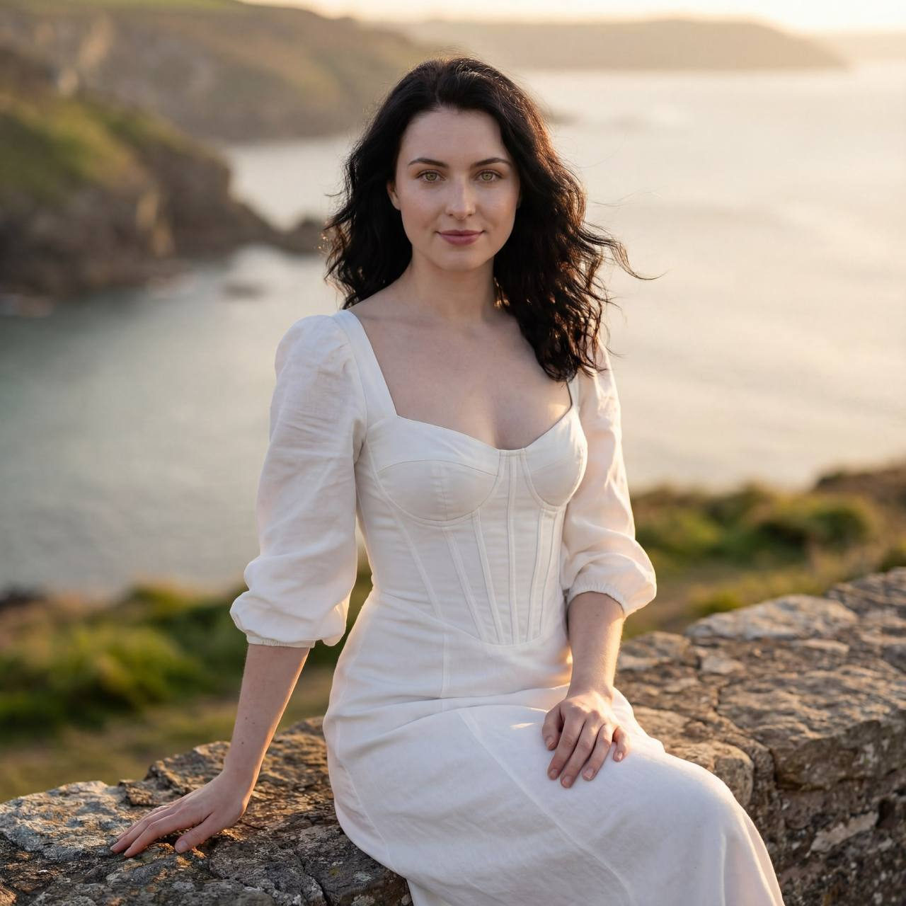 A woman in a corset dress sits on a stone fence overlooking a serene seascape, with sunlight accentuating her features.