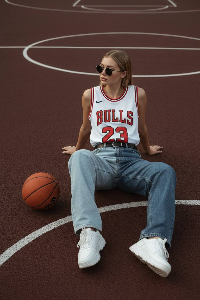 A stylish individual wearing a sleeveless Nike Bulls '23' jersey and baggy jeans, sitting on a dark reddish-brown basketball court.
