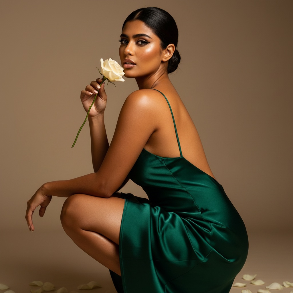 A woman in an emerald green satin dress crouches gracefully, holding a white rose near her face with a calm expression.