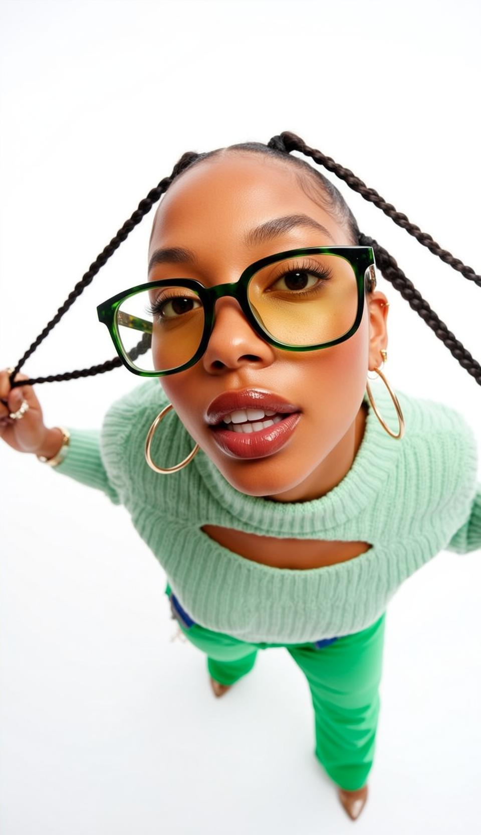 Green Sweater Braids Studio Look