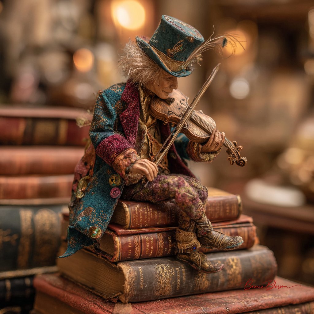 A tiny street musician playing a violin atop stacked vintage books in a warm Parisian bookshop.