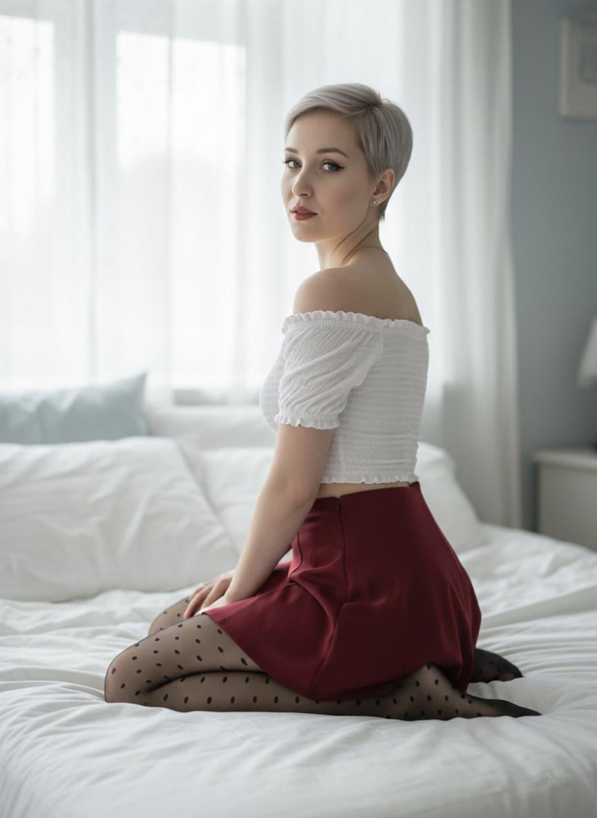Pixie Haircut Kneeling White Bed Off Shoulder Crop Top
