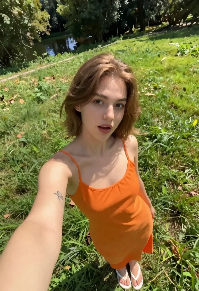 Young Woman With Shoulder-length Light Brown Hair Takes High-angle Selfie reference photo