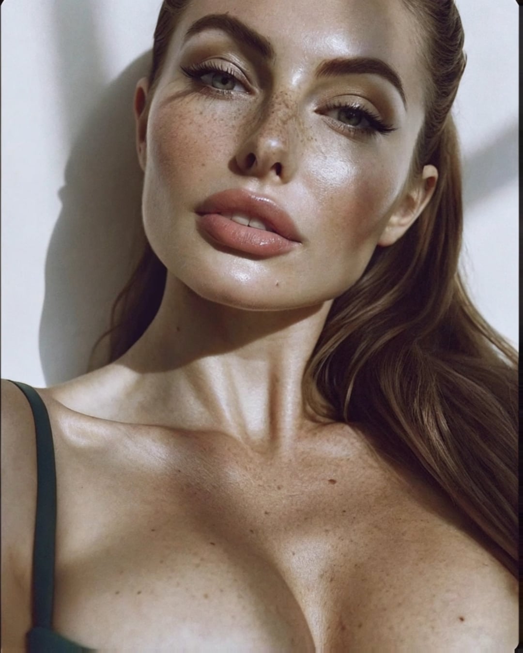 Dewy Luminous Face Dark Green Garment Dramatic Lighting