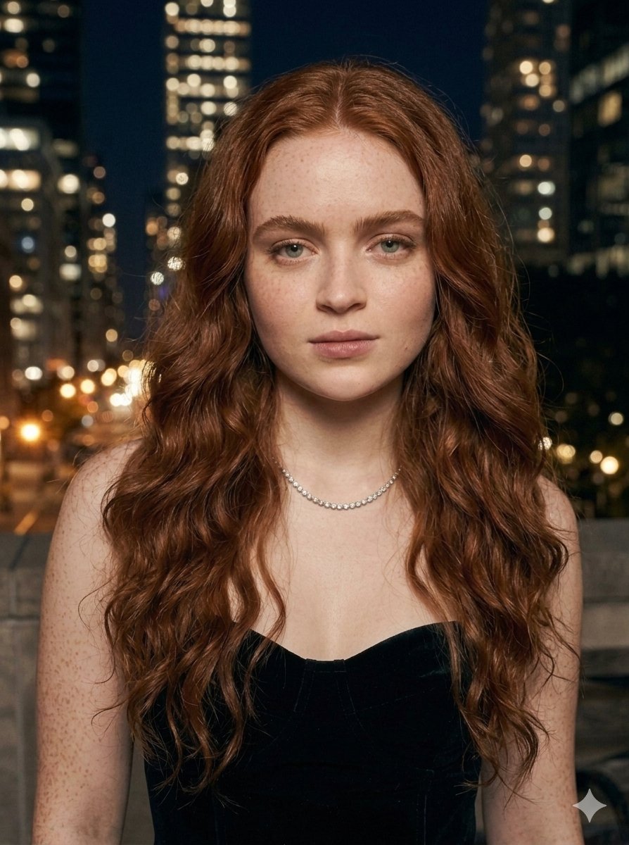 Copper Hair Woman Black Velvet Bodice Diamond Necklace Cityscape