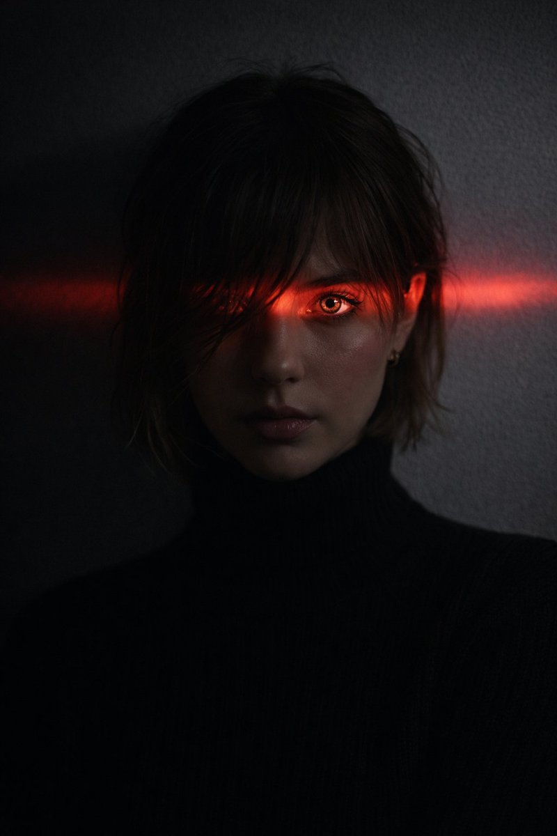 A dramatic portrait of a man with messy hair, wearing a black turtleneck, focused stare under sharp red light