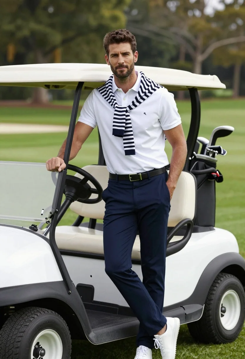 Confident Man Stands Leaning Against White Golf Cart Lush Green