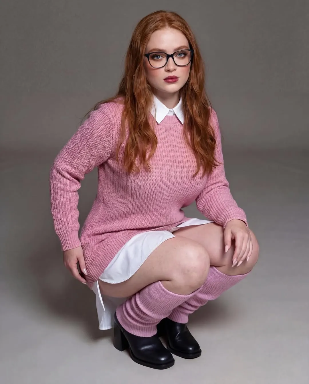 Glasses And Mauve Lipstick With Pink Sweater In Gray Studio
