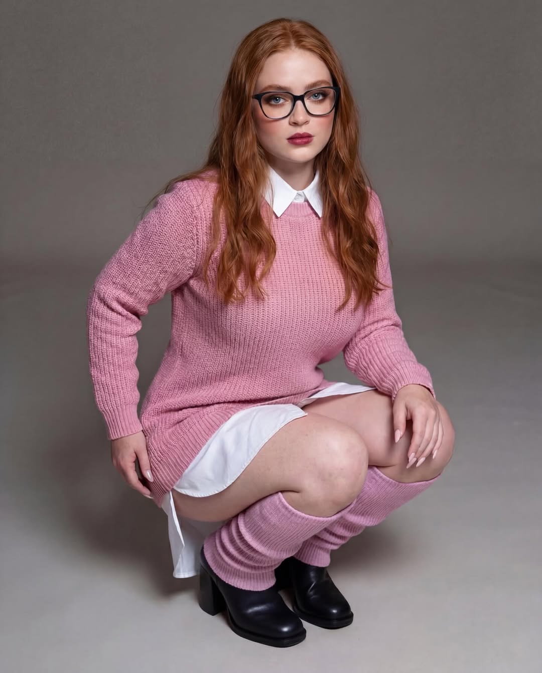 Mauve Lipstick Pink Sweater Gray Studio Pose