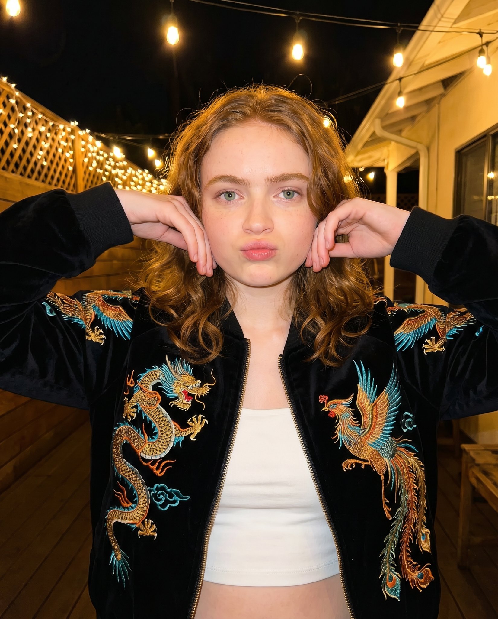 Dragon Phoenix Bomber Jacket Night Patio Bokeh