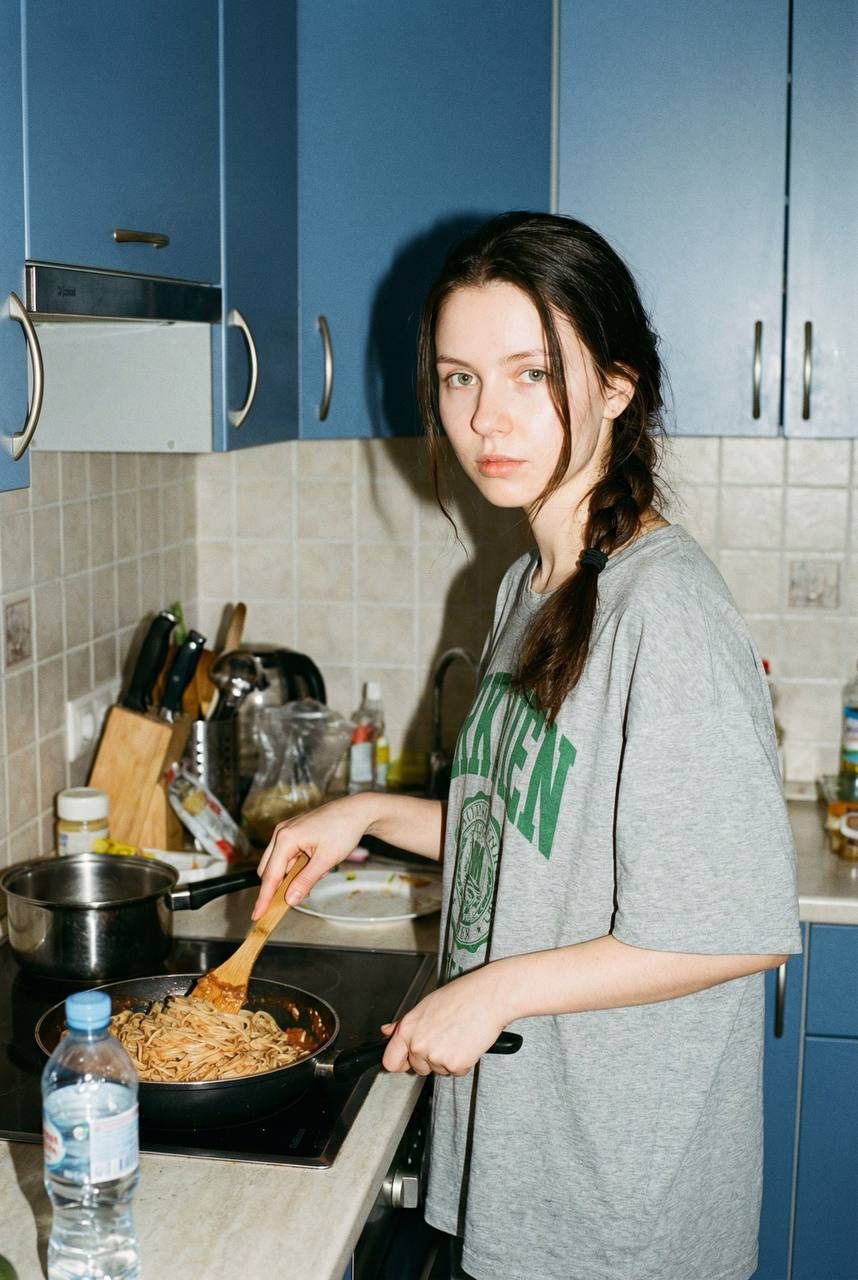 A woman stirring pasta in a frying pan, wearing an oversized gray T-shirt in a modern kitchen.