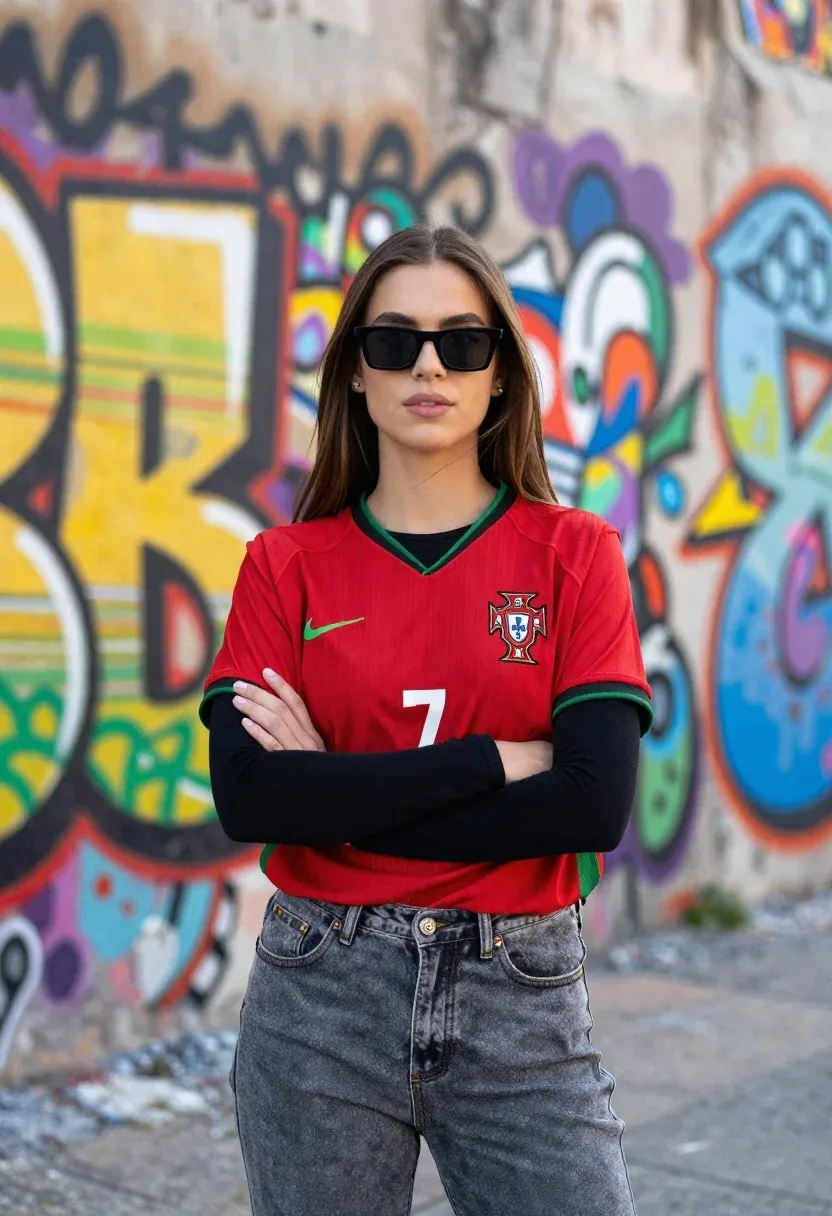 Confident Young Woman Stands With Her Arms Crossed Front Colorful