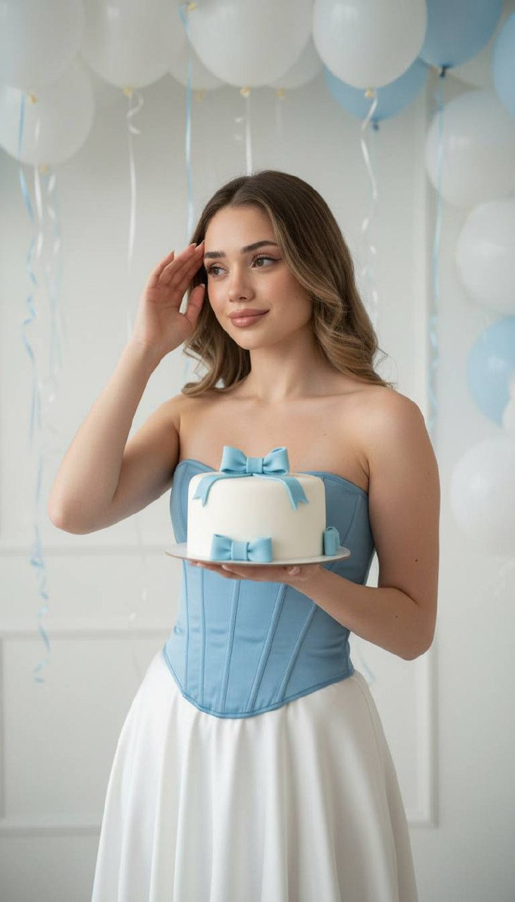 Stunning medium shot portrait of a woman in elegant blue attire, holding a birthday cake with blue bows, smiling softly against a festive backdrop.