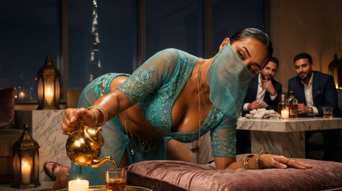 Teal Sheer Outfit Pouring Tea Nighttime Cityscape