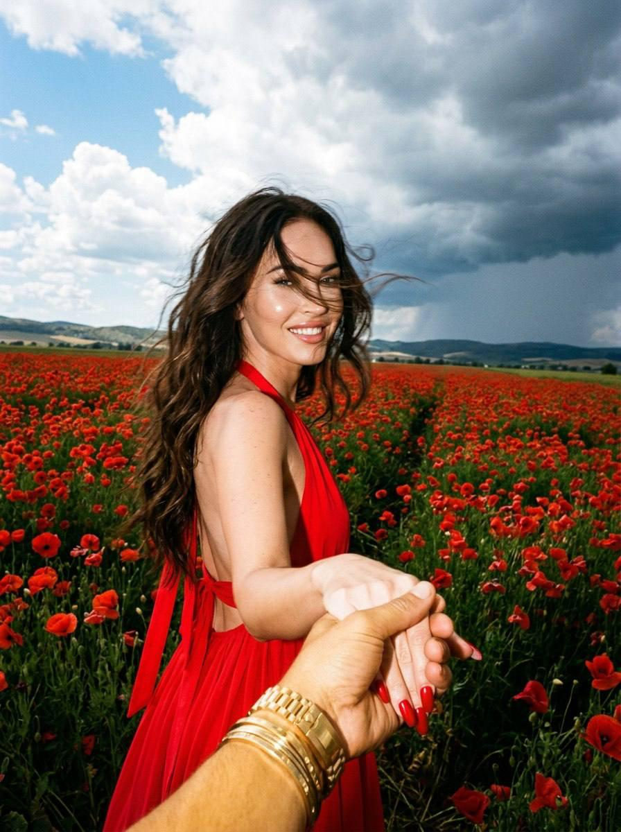 A woman in a red backless dress walking through a vibrant poppy field, holding hands with another person wearing a gold watch and bracelet.