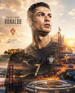 Cristiano Ronaldo in a dark jersey with Portugal crest, blended into a vibrant landscape of Portugal with iconic landmarks.