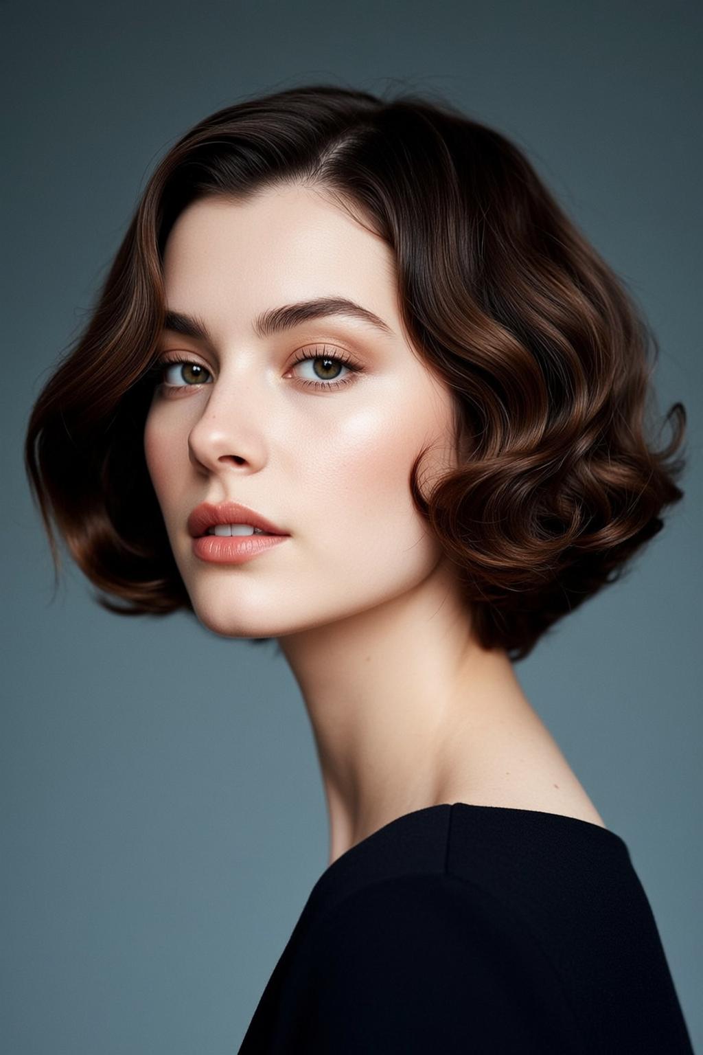 Elegant Studio Portrait Wavy Bob Neutral Smile