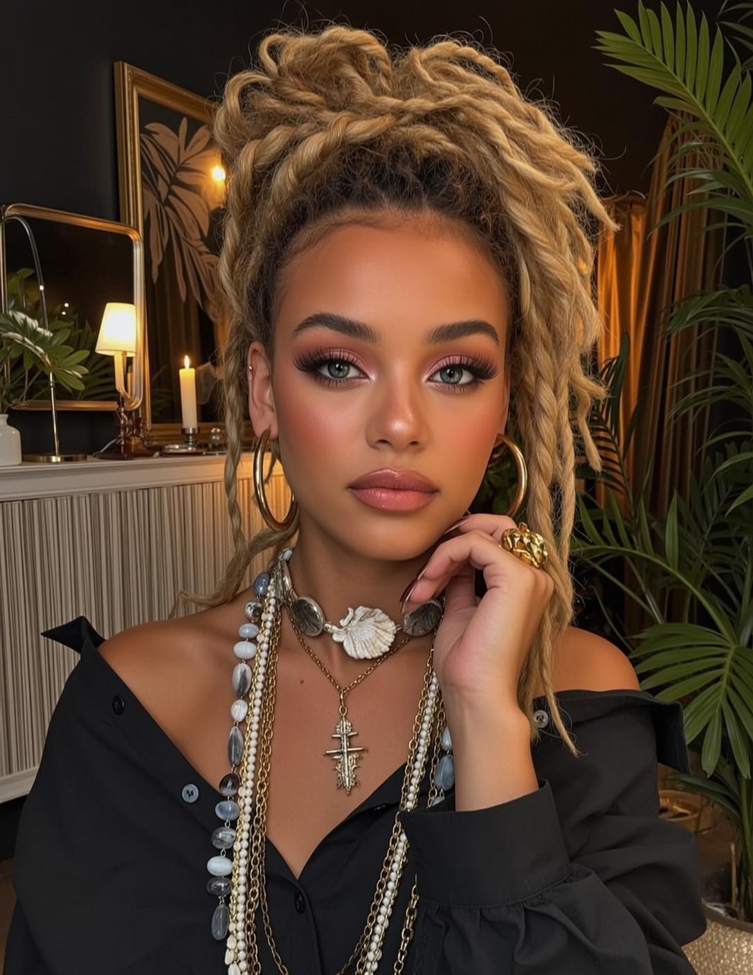Indie Young Blonde Dreadlocks Pulled Ponytail Tan