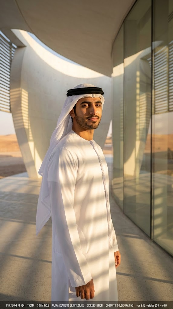 A young UAE man in traditional Kandura and Ghutra posing in a minimalist architectural space during golden hour lighting.