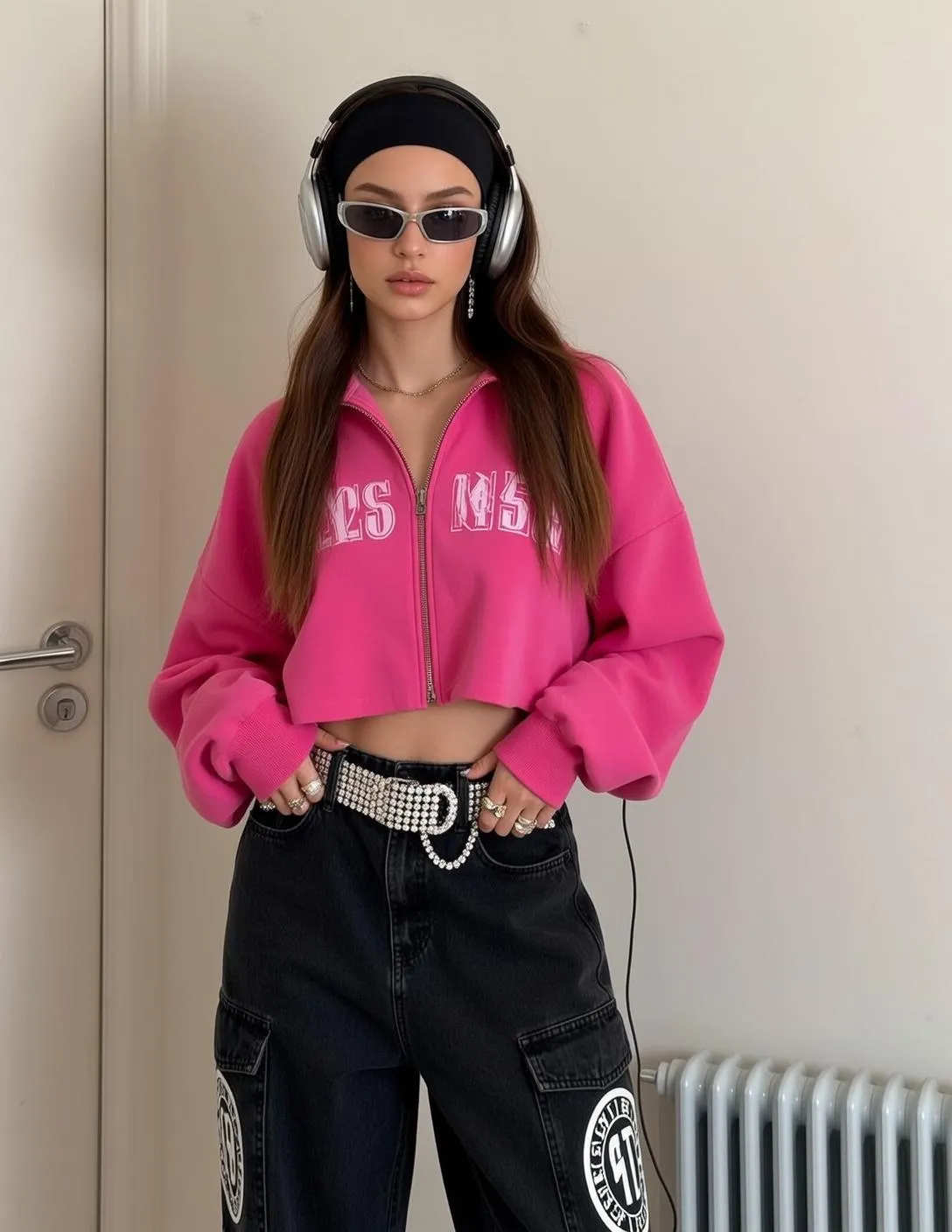 Sunglasses And Necklace In Pink Hoodie Portrait