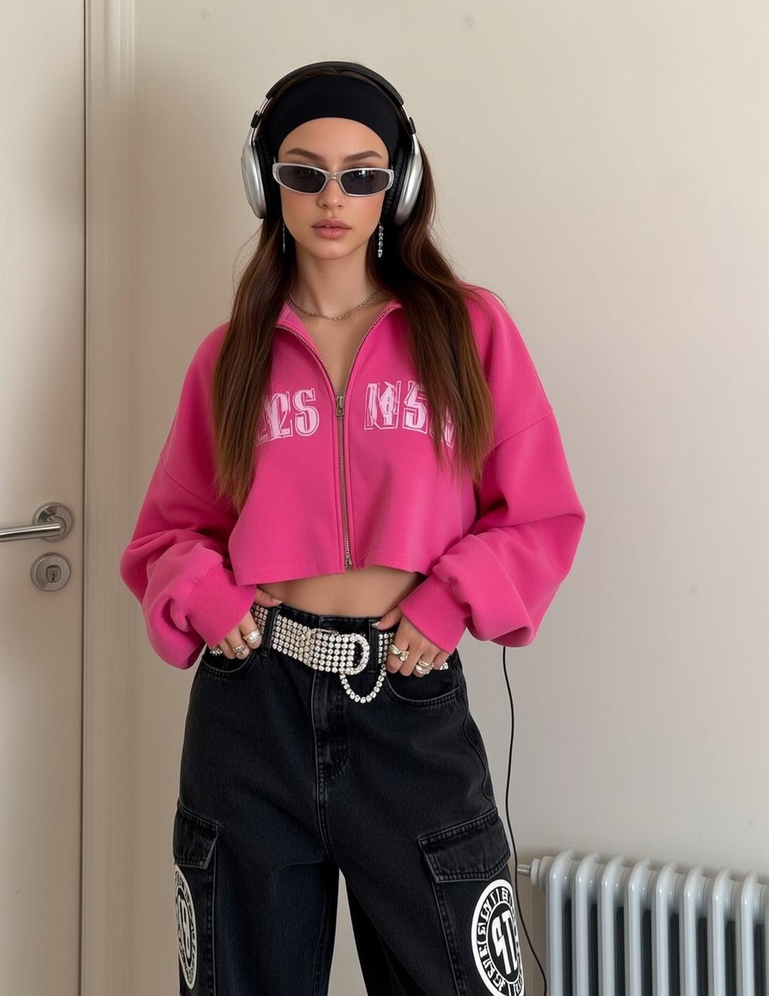 Pink Hoodie Black Cargo Pants White Wall Fashion