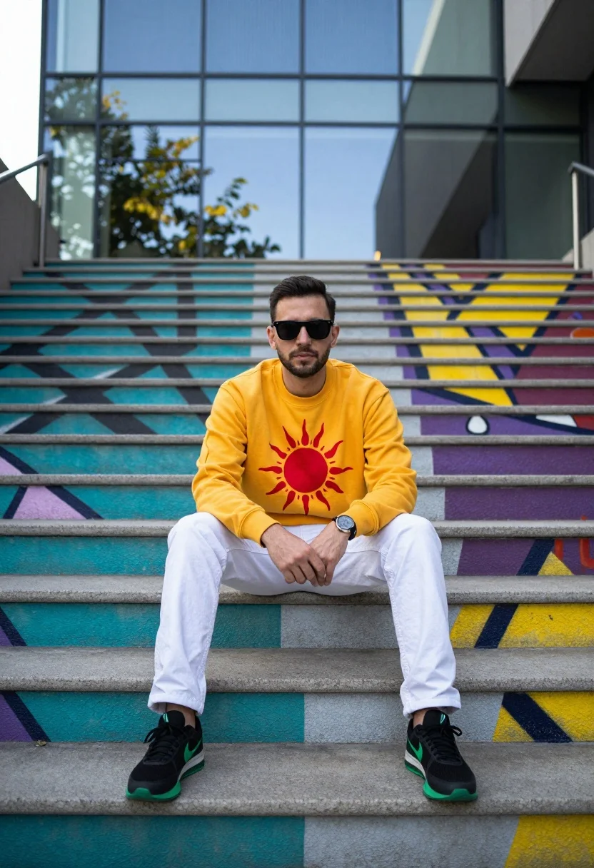Man Sits Centered Set Concrete Steps Front Modern Glass Building