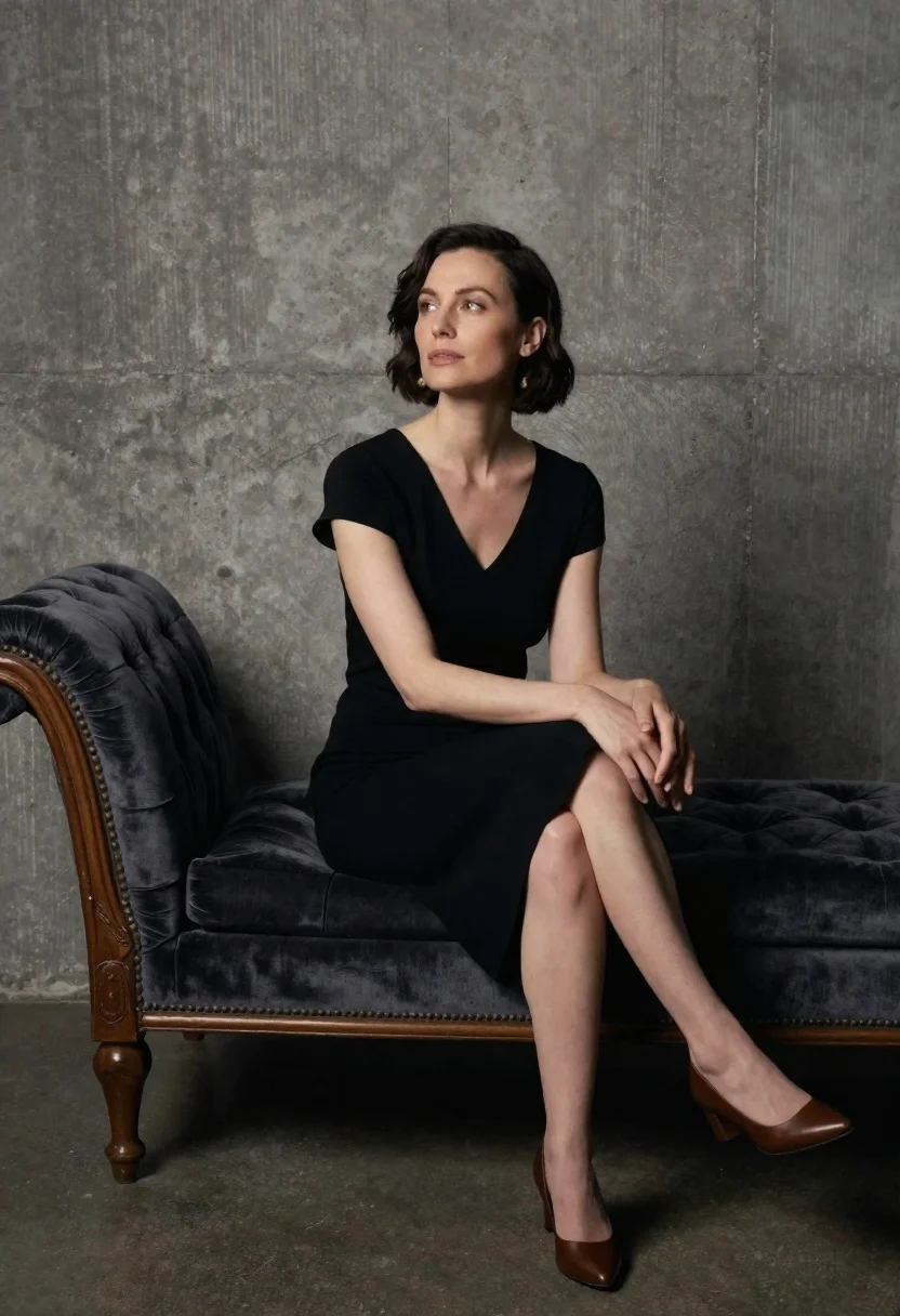 Woman With Short Dark Hair Sits Elegantly Vintage Chaise Lounge reference photo