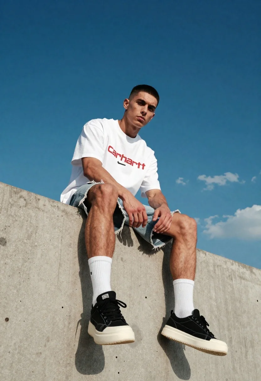 Low-angle Shot Young Man Sitting The Edge Concrete Wall Against reference photo