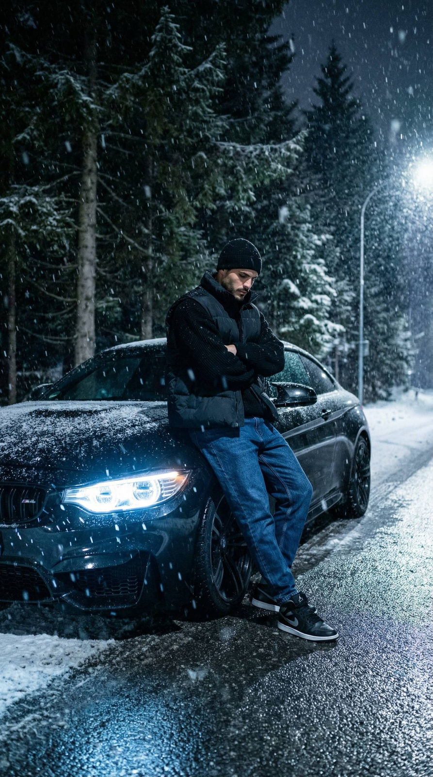 A person confidently leaning against a BMW M4 on a snowy roadside, illuminated by cold bluish headlights amidst a blizzard.