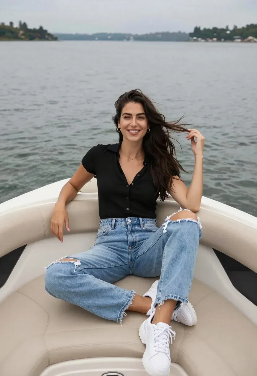 Smiling Woman With Long Dark Hair Sits Casually The Bow