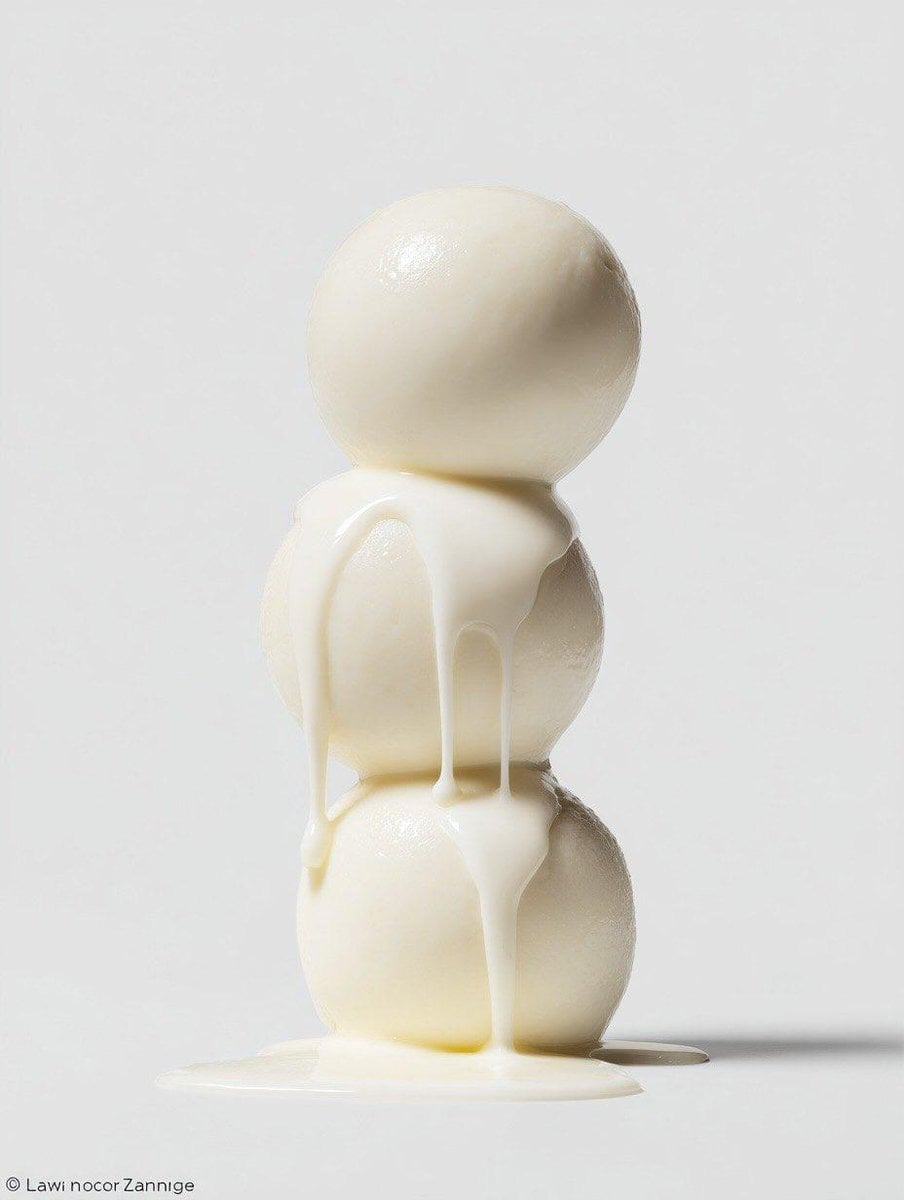 A macro shot of a stack of three food items with liquid dripping down, set against a white background, showcasing studio lighting.