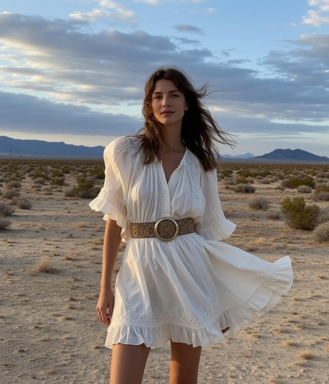 Cowgirl Stands Desert Landscape Facing Slightly Towards