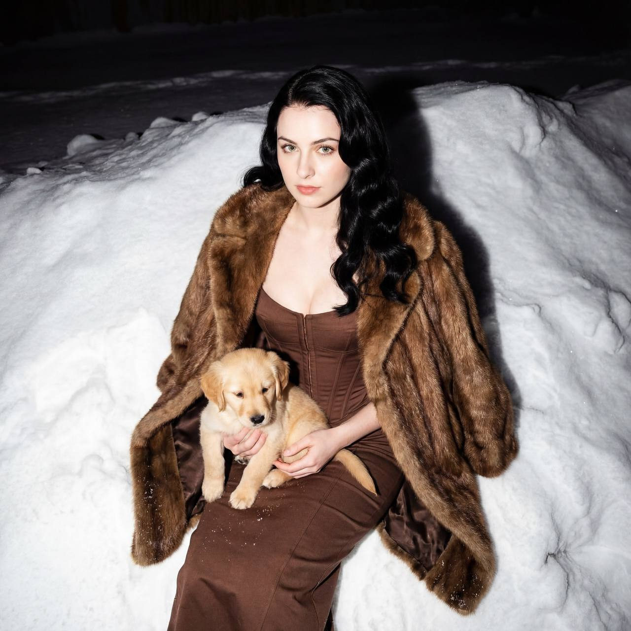 A girl in a winter snowdrift holding a golden retriever puppy, wearing a brown fur coat and a fitted corset dress.
