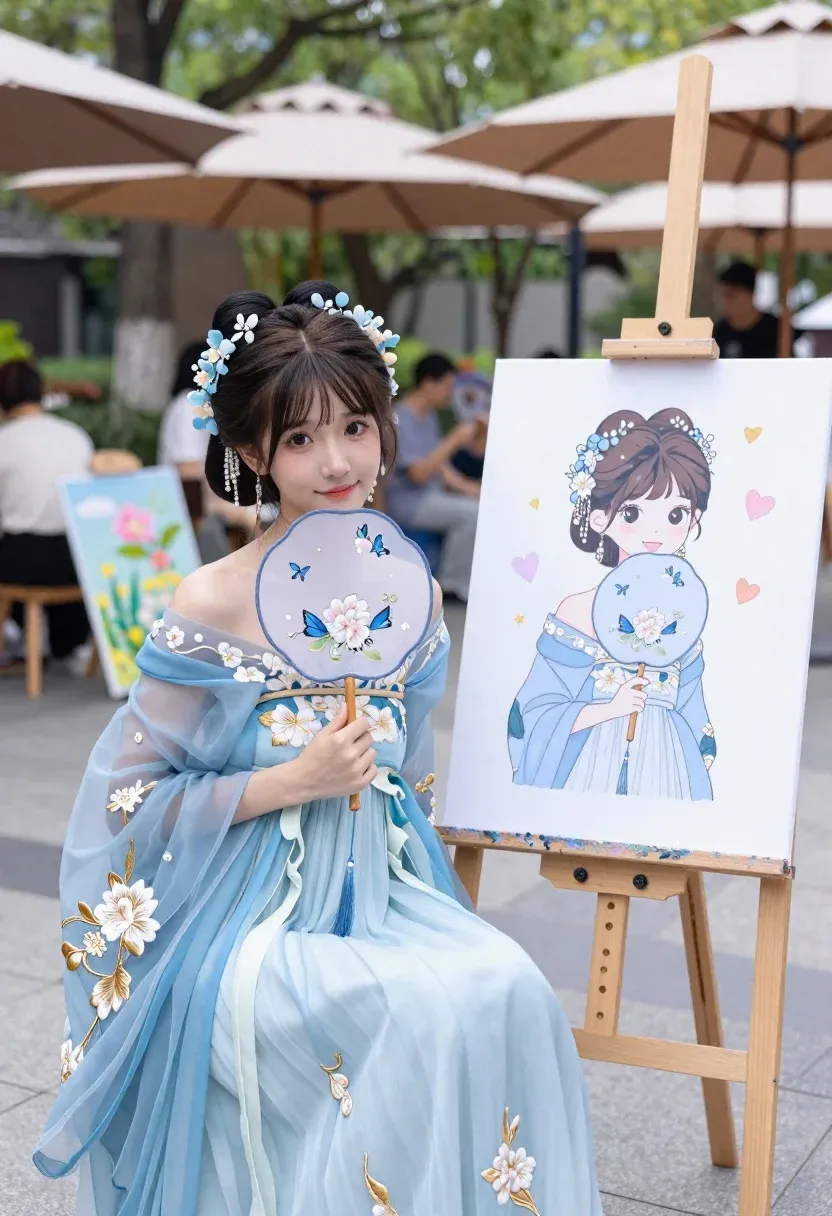 Young Woman Light Blue Floral Gown Sits Beside Easel Displaying