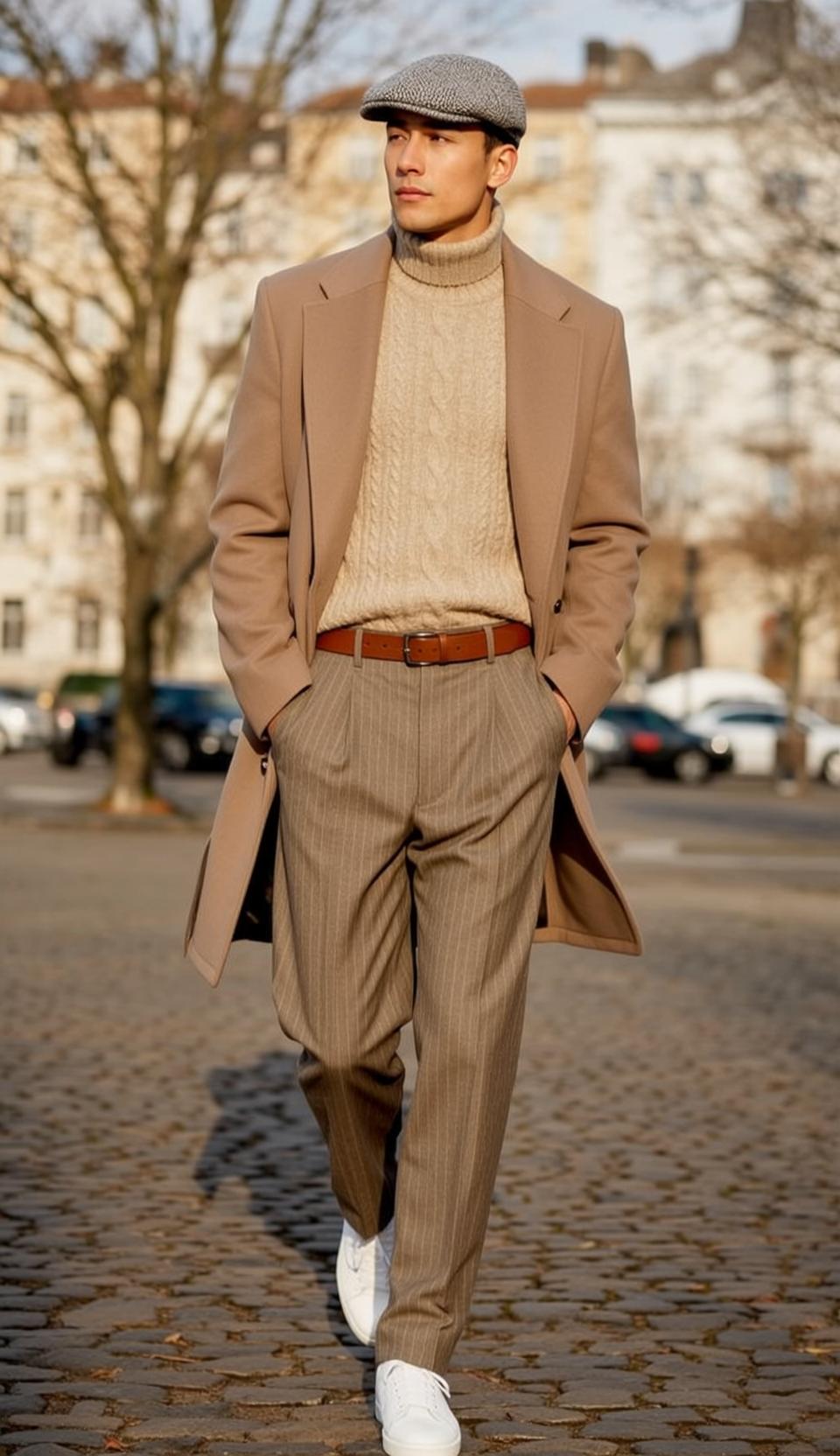Young Short Dark Light Beige Cable-knit Turtleneck