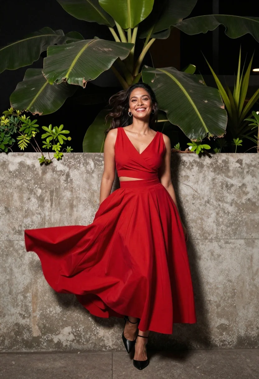 Joyful Woman Flowing Red Dress Poses Playfully Against Textured Concrete reference photo