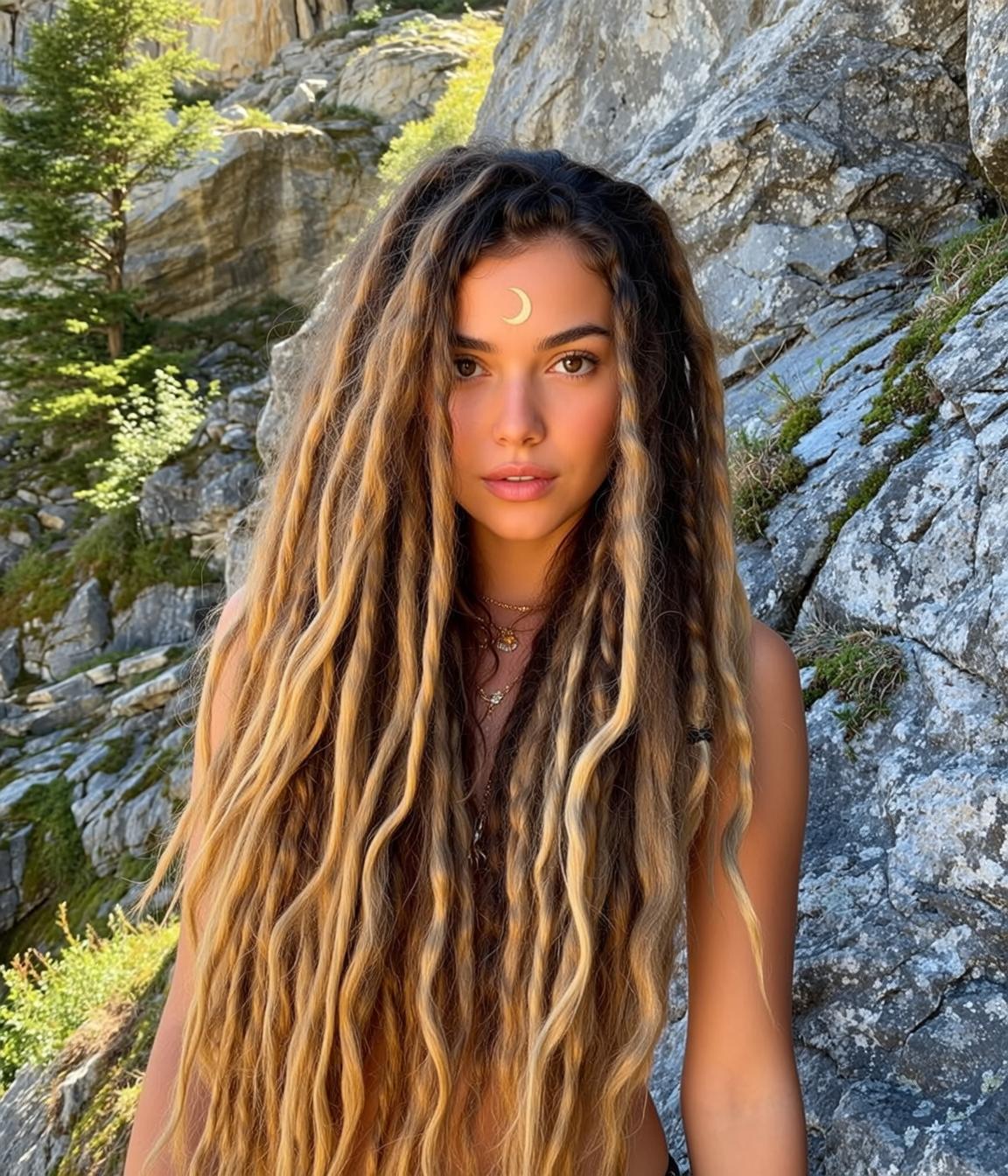 Blonde Dreadlocks Rocky Mountainside Natural Light