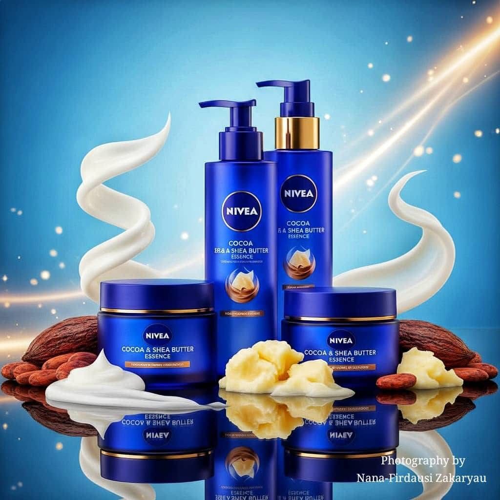An elegant display of NIVEA Cocoa & Shea Butter Essence collection featuring blue bottles and jars, surrounded by creamy lotion and cocoa butter pieces.