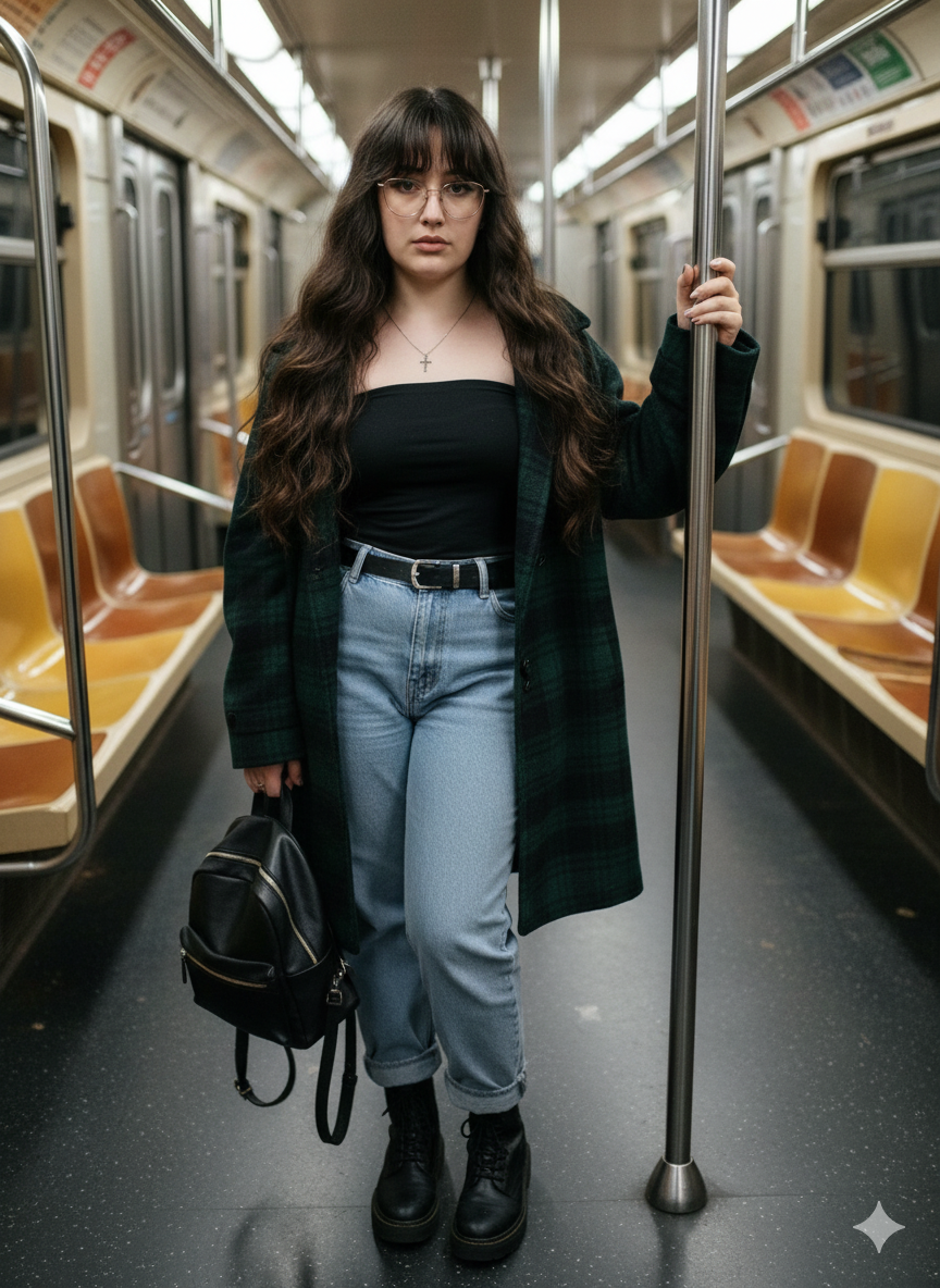 Retrato ultra realista de uma jovem mulher no metrô, com longos cabelos castanhos, blusa preta e casaco xadrez, segurando uma barra de apoio.