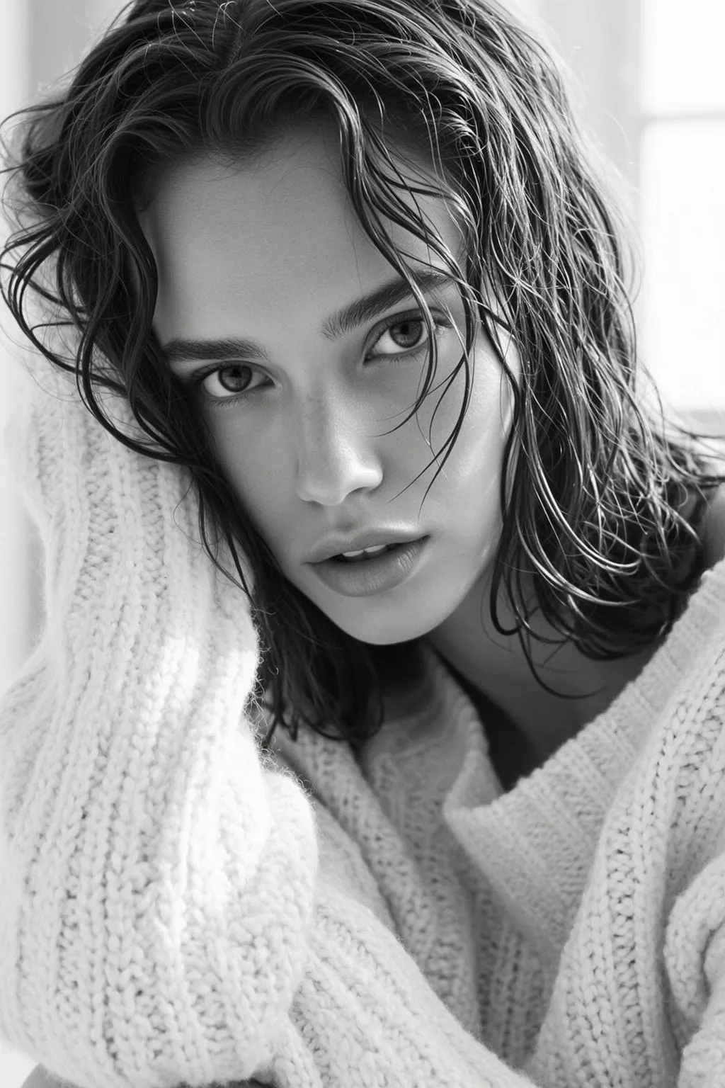 Black And White Medium Close-up Portrait Young Woman With Wet